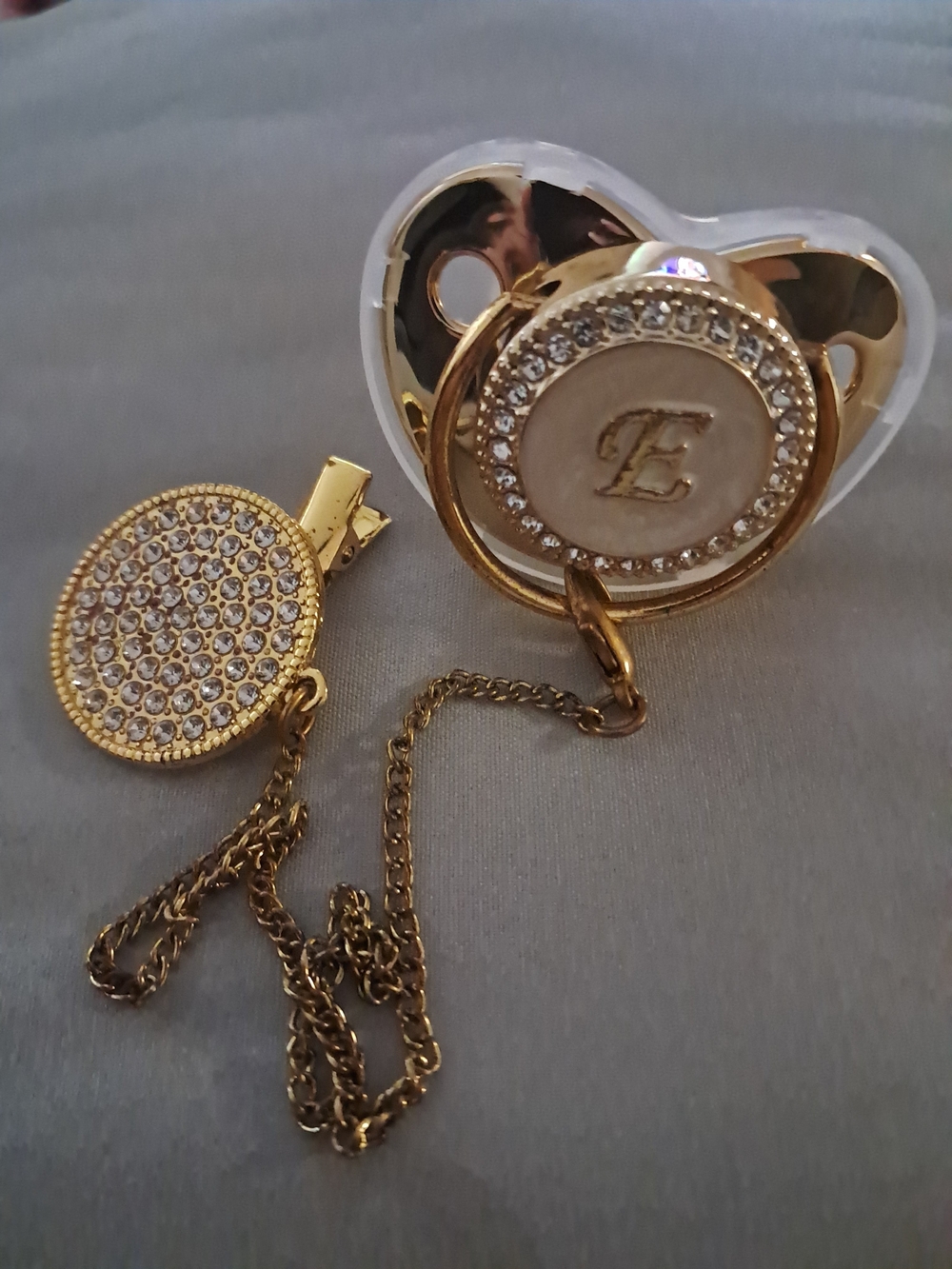 Gold Rhinestone Pacifier Clip with Initial E Charm